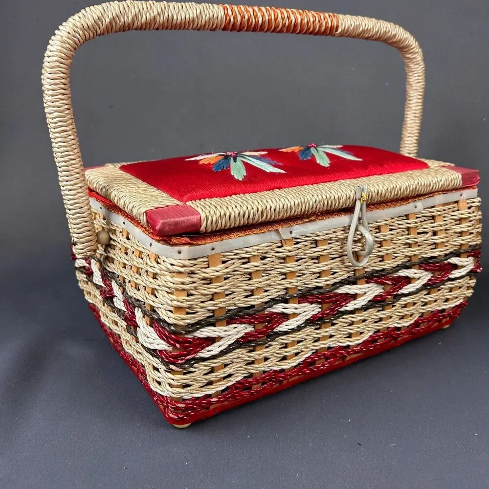 Charming Vintage Cream + Red Wicker Sewing Box 11
